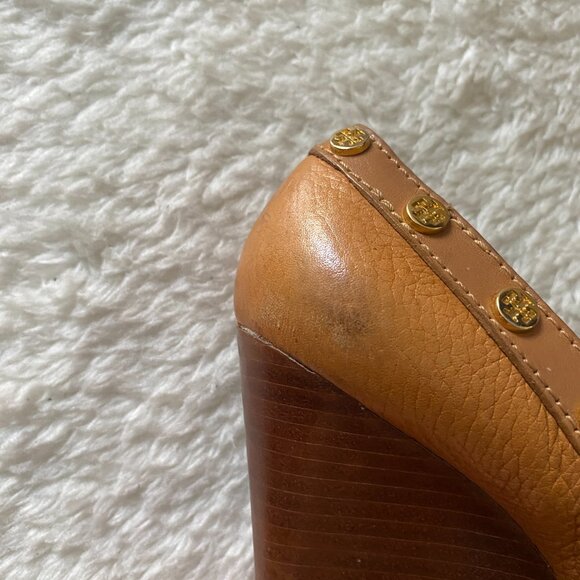 Tory Burch Royal Tan Leather Wedge Peep-Toe Sandals – Women’s 6.5 - Picture 14 of 16